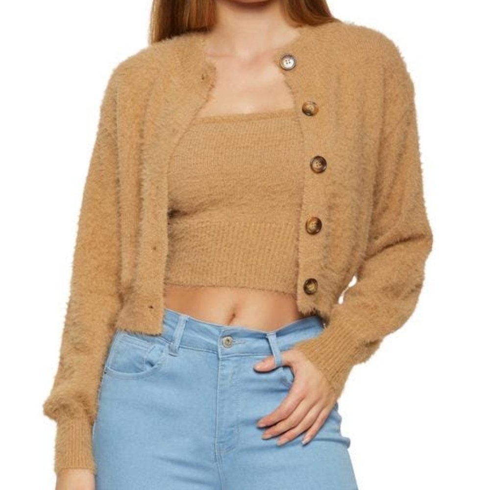 Eyelash Knit Cropped Cami and Cardigan Set
